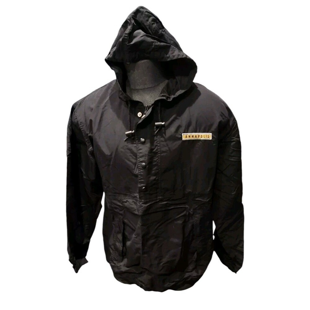 Annapolis Maryland Unisex Black Rain Coat Full Zip Hood Jacket Windbreaker Large